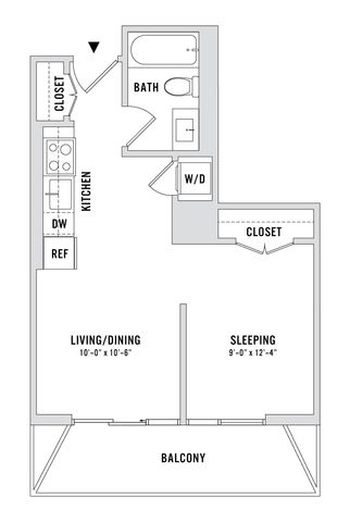 Modern floor plan showcasing a cozy 1-bedroom design with an open-concept living and dining area, well-equipped kitchen, and a spacious balcony.