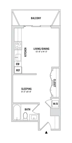 Modern floor plan featuring a cozy sleeping area, open living/dining space, sleek kitchen, and spacious balcony.