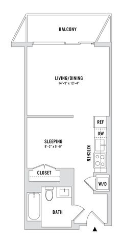 Modern studio apartment floor plan with a spacious living/dining area, cozy sleeping space, well-equipped kitchen, full bath, and a private balcony.