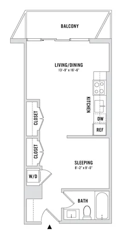Modern studio floor plan featuring open living and dining area, sleek kitchen, cozy sleeping space, and private balcony.