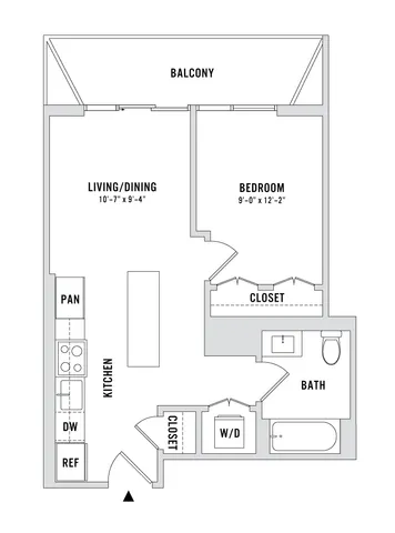 Modern apartment floor plan featuring a spacious living and dining area, kitchen with pantry, one bedroom, stylish bathroom, and inviting balcony.