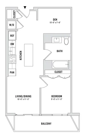 Chic floor plan featuring a cozy den, modern kitchen, inviting living/dining area, spacious bedroom with closet, stylish bathroom, and a delightful balcony.
