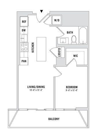 Modern floor plan showcasing one bedroom, open-concept living and dining area, contemporary kitchen, and spacious balcony.