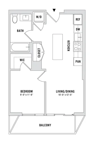 Modern floor plan showcasing a spacious 1-bedroom apartment with open-concept living and dining area, stylish kitchen, and inviting balcony.
