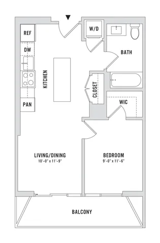 Modern floor plan showcasing a cozy 1-bedroom apartment with a large balcony, open-concept kitchen, and inviting living/dining area.