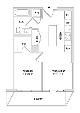 Modern floor plan showcasing one-bedroom apartment with balcony, open kitchen, spacious living/dining area, and walk-in closet.