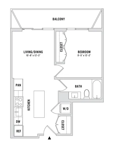Modern floor plan with 1 bedroom, spacious living/dining area, stylish kitchen, cozy balcony, and convenient bathroom.