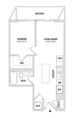 Modern open-concept floor plan featuring 1 bedroom with walk-in closet, spacious living/dining area, and sleek kitchen, all complemented by a private balcony for a stylish urban lifestyle.