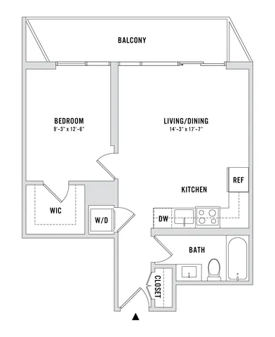 Modern apartment floor plan featuring a spacious living/dining area, sleek kitchen, cozy bedroom with walk-in closet, and a private balcony.