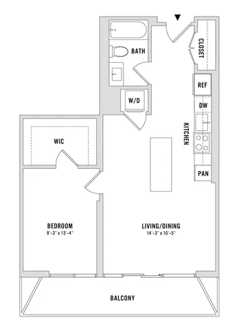 Contemporary floor plan featuring a spacious bedroom with walk-in closet, open living/dining area, modern kitchen, and inviting balcony.
