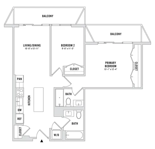 Modern floor plan showcasing 2 bedrooms, 2 baths, and a spacious living/dining area with dual balconies and a sleek kitchen layout.