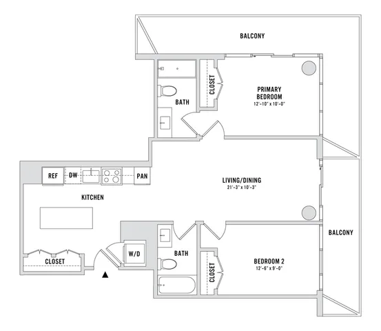 Modern 2D floor plan featuring a spacious primary bedroom with balcony access, a second bedroom, an open-concept living and dining area, and a sleek kitchen with ample storage.