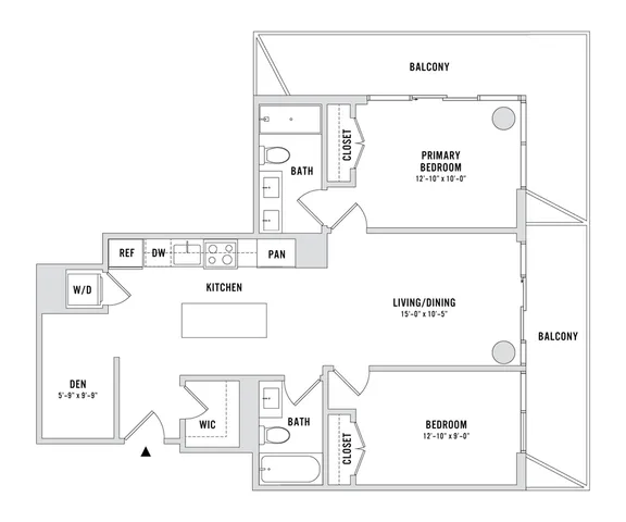Modern 2D floor plan showcasing 2 bedrooms, a den, open kitchen, and living/dining area with dual balconies.
