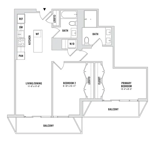 Modern apartment floor plan with 2 bedrooms, a sleek kitchen, spacious living/dining area, and dual balconies for stylish living.