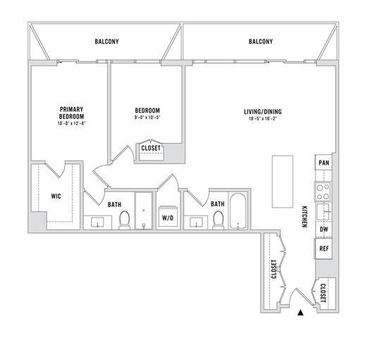 Modern 2D floor plan highlighting 2 bedrooms, a spacious living/dining area, contemporary kitchen, and dual balconies. Includes walk-in closet and two bathrooms, ideal for stylish living.