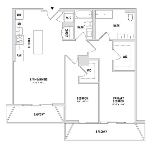 Contemporary floor plan showcasing 2 bedrooms with walk-in closets, dual bathrooms, modern kitchen, spacious living/dining area, and dual balconies.