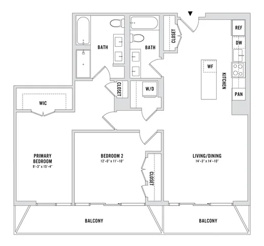 Elegant floor plan showcasing a spacious layout with 2 bedrooms, a stylish living/dining area, modern kitchen, and dual balconies. Includes thoughtful storage spaces and two bathrooms.