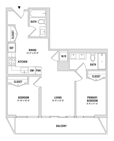 Contemporary 2D floor plan showcasing 2 bedrooms, 2 bathrooms, a stylish kitchen, spacious living area, and a large balcony.