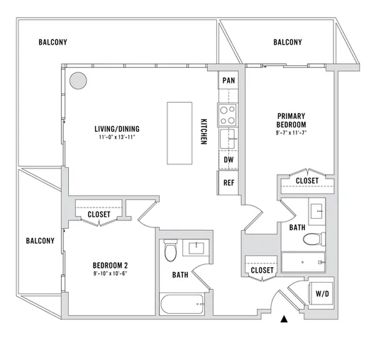 Contemporary floor plan displaying 2 bedrooms, 2 baths, a modern kitchen with island, and expansive living/dining area. Features multiple balconies and convenient laundry space.