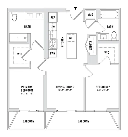 Modern floor plan showcasing 2 bedrooms, open living/dining area, kitchen with island, and dual balconies for outdoor enjoyment.