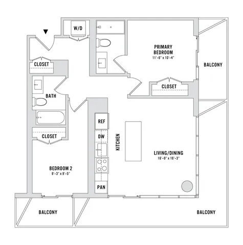 Modern apartment floor plan with 2 bedrooms, primary en-suite, spacious living/dining area, and multiple balconies for outdoor relaxation.
