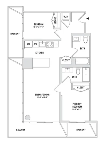 Modern floor plan showcasing 2 bedrooms, 2 baths, open kitchen, living/dining area, and dual balconies.