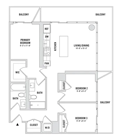 Modern floor plan showcasing 3 bedrooms, spacious living/dining area, sleek kitchen, and multiple balconies.