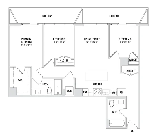 Modern floor plan featuring 3 bedrooms, spacious living and dining area, sleek kitchen, two balconies, and convenient walk-in closet.