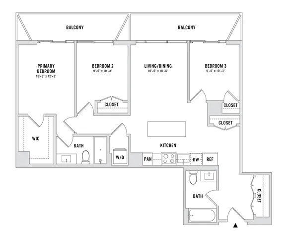 Modern 3-bedroom floor plan with spacious balconies, open kitchen, and cozy living/dining area.