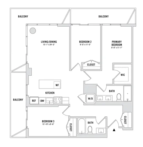 Elegant floor plan showcasing 3 bedrooms, spacious living and dining area, modern kitchen with island, dual bathrooms, and balconies.