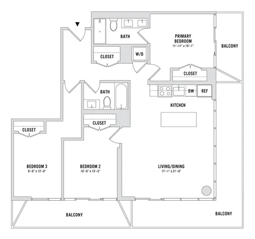 Elegant apartment floor plan featuring 3 bedrooms, modern kitchen, spacious living/dining area, and dual balconies.