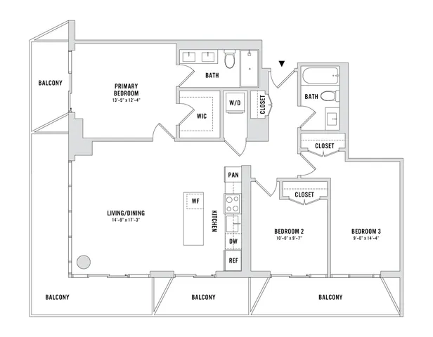 Chic apartment floor plan with 3 bedrooms, 2 bathrooms, open living/dining area, and three spacious balconies. Ideal for modern living.