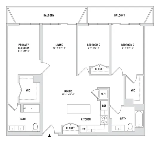 Spacious floor plan showcasing 3 bedrooms with balconies, an expansive living and dining area, and a modern kitchen layout.