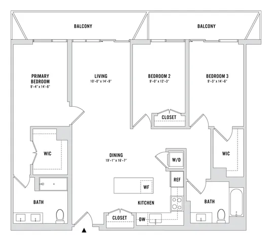 Modern floor plan showcasing 3 bedrooms, open living and dining area, spacious kitchen, and dual balconies for an elegant lifestyle.