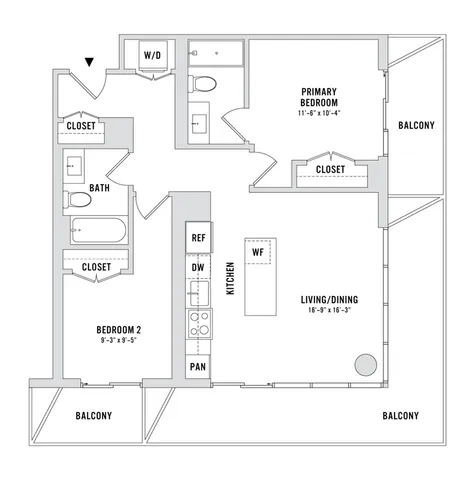 Modern floor plan featuring 2 bedrooms, spacious living/dining area, kitchen, and multiple balconies for a stylish urban lifestyle.