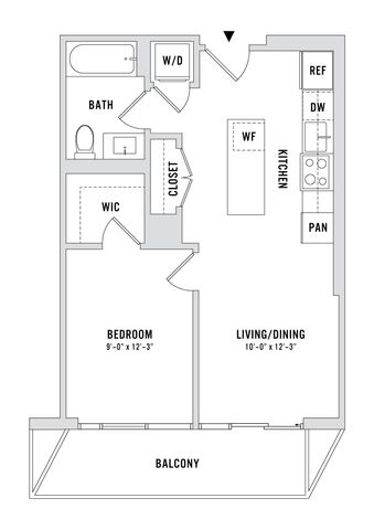 Modern 1-bedroom apartment floor plan with a spacious living and dining area, kitchen with island, large balcony, and convenient walk-in closet.
