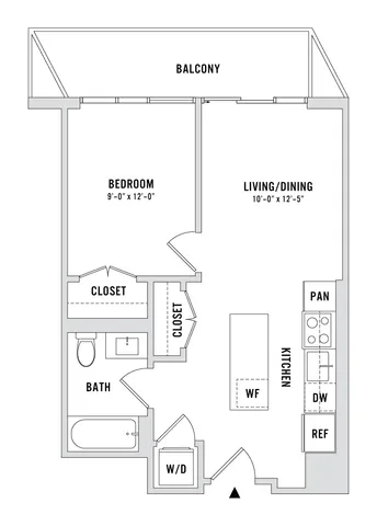 Modern 1-bedroom floor plan featuring a spacious living and dining area, sleek kitchen, and private balcony.