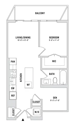 Modern floor plan featuring a spacious living/dining area, cozy bedroom with walk-in closet, stylish kitchen, inviting den, and a large balcony.