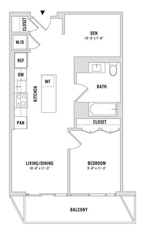 Modern open-concept floor plan with 1 bedroom, a den, spacious living and dining area, kitchen, and balcony.