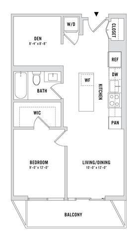 Modern floor plan showcasing a spacious bedroom, versatile den, open-concept living and dining area, and a stylish kitchen with appliances, all complemented by a welcoming balcony.