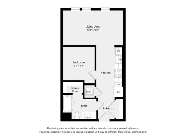 Inviting 1-bedroom floor plan with a spacious living area, modern kitchen, and convenient walk-in closet.