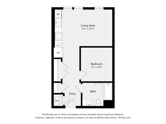 Chic floor plan illustrating a single bedroom, modern living area, and convenient kitchen layout with pantry. Includes a well-appointed bath and entryway with in-unit washer and dryer space.