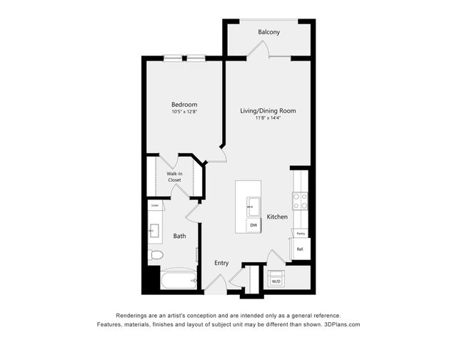 Contemporary floor plan highlighting a spacious 1-bedroom layout with an open-concept living/dining room, modern kitchen, and private balcony.