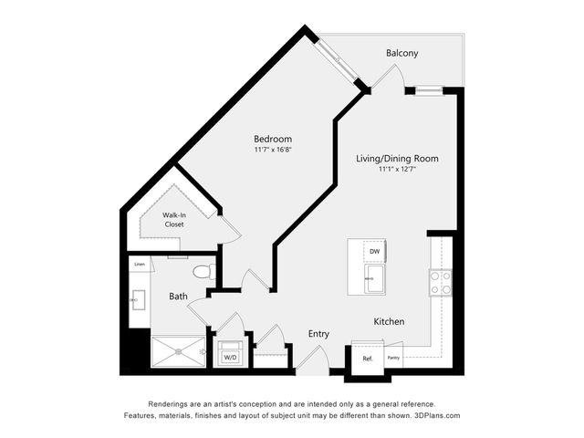 Modern floor plan showcasing a spacious bedroom, open-concept living and dining area, stylish kitchen, balcony access, walk-in closet, and convenient bathroom layout.