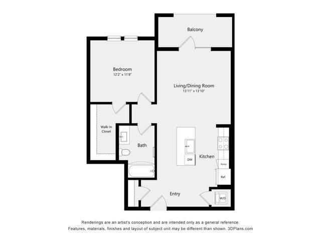 Charming apartment floor plan boasting a spacious bedroom, open-concept living and dining area, modern kitchen, and a private balcony.
