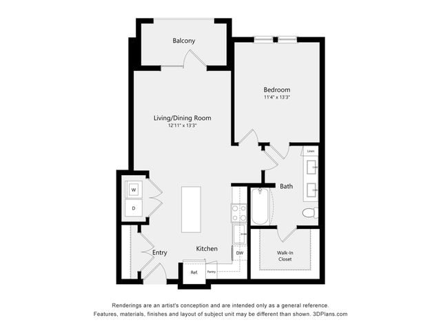 Modern 1-bedroom apartment floor plan featuring a spacious living/dining area, kitchen, walk-in closet, and private balcony.