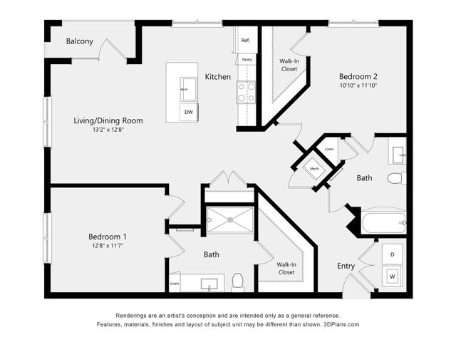Contemporary floor plan displaying spacious 2-bedroom, 2-bathroom layout with an open-concept living and dining area, kitchen with pantry, and private balcony.