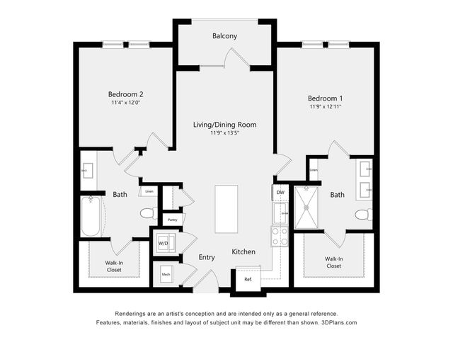 Modern floor plan showcasing two bedrooms, open living and dining area, spacious kitchen, two baths, and a cozy balcony.