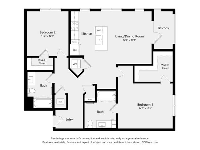Modern floor plan with 2 spacious bedrooms, open living/dining room, sleek kitchen, and relaxing balcony.
