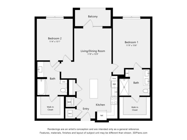 Modern 2-bedroom apartment floor plan featuring an open-concept living and dining area, spacious balcony, and convenient walk-in closets.